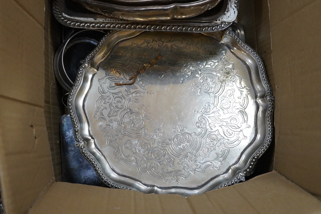 An Old Sheffield plated basket, a plated muffin dish and cover by Elkington & Co and a quantity of assorted plated wares including entrée dishes, flatware, salvers, etc.